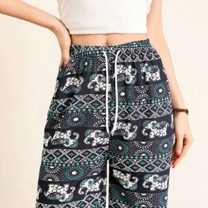 Casual Women <b>Summer</b> Printed Mid Waist Wide Leg Pants Female Straight Long Trousers Office Lady Drawstring Long Trousers - Product Image 4