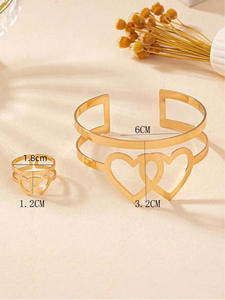Gold double heart hollow fashion <b>bracelet</b> ring <b>set</b> simple geometric fashion hand jewelry - Product Image 2