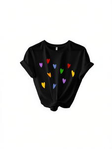 T-shirt da donna taglie forti con stampa a cuori colorati, manica corta, girocollo, vestibilità comoda, top casual estivo traspirante 100% cotone - Product Image 1