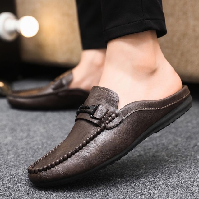 New Arrival Breathable Lightweight Comfortable Soft Leather Backless Casual Half Slippers Men's Mules