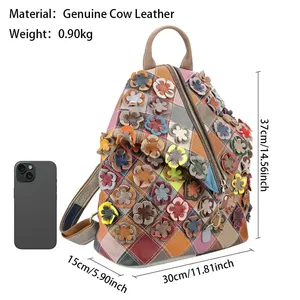 Sac à dos AndoBag à carreaux avec surpiqûres colorées pour femmes, sac à dos rétro en cuir véritable, grande capacité, sac à main 2495 - Product Image 2
