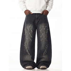Jean en denim noir et gris pour homme, coupe ample, jambe large, taille mi-haute, en coton, style jambe droite - Product Image 6