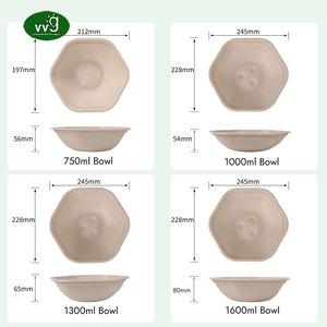 Bol à salade hexagonal en pulpe de bagasse de canne à sucre VVG personnalisable et biodégradable, avec couvercle, pour emballage alimentaire (1600 ml, 1300 ml, 1000 ml, 750 ml) - Product Image 2