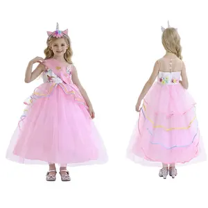 Jurebecia 맥시 롱 파티 볼 가운 공주 유니콘 드레스 꽃 소녀 투투 드레스 생일 파티 유니콘 드레스 의상