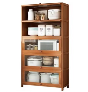 Meuble de rangement de cuisine moderne en bambou écologique à 5 niveaux avec portes, organisateur de garde-manger multifonctionnel pour cuisine - Product Image 1