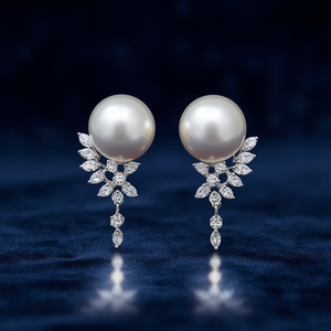 Pendientes elegantes con perlas Akoya, oro blanco, plata 925, perla redonda AAA, diseño de flor, joyería de boda para mujer, estilo clásico - Product Image 2