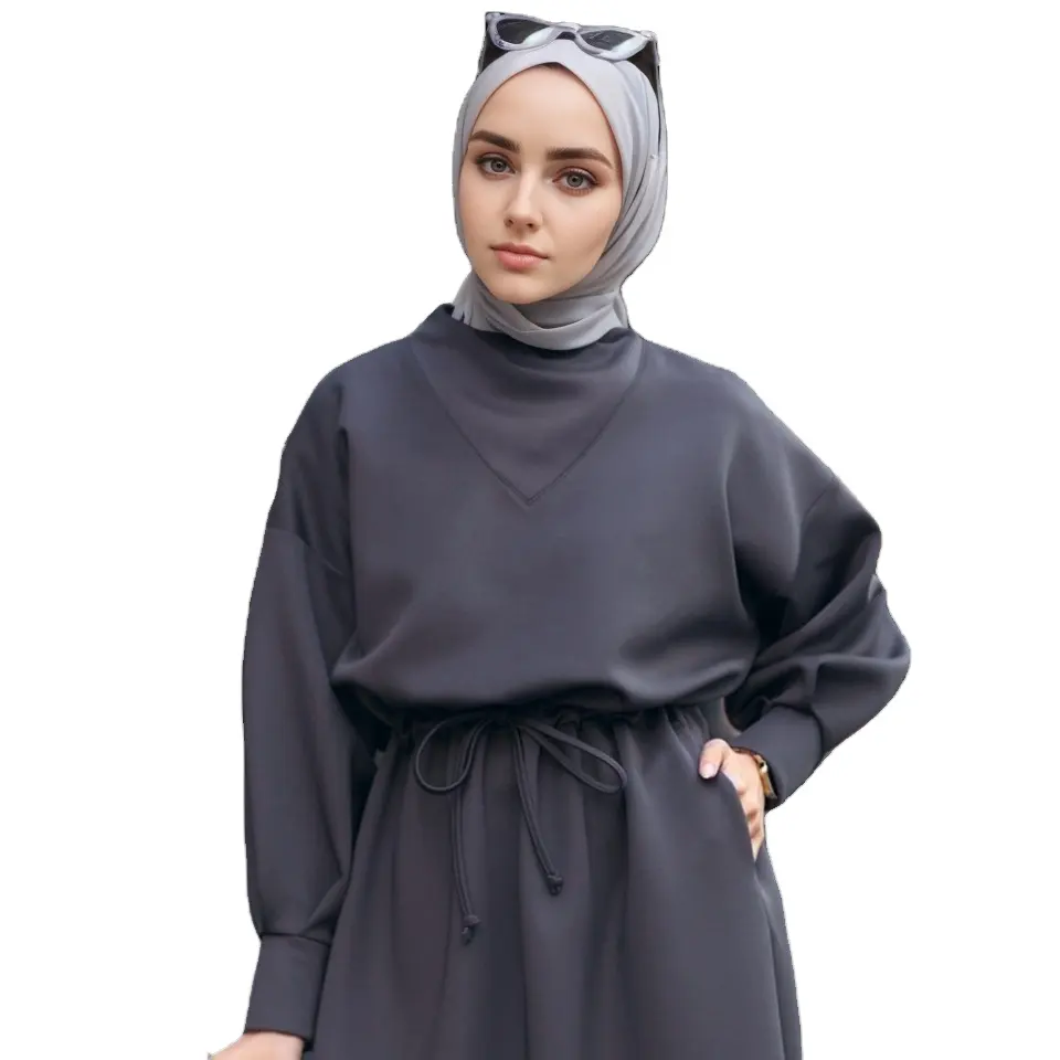 Middle East Southeast Asia Solid Color Long Sleeve Muslim Abaya Fabric Tunic Dress for Autumn Winter Big Swing Dubai Turkey