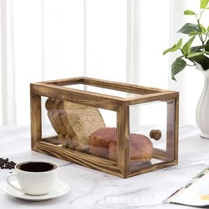 Wooden Acrylic Bread Box Rectangle Pull Out Storage Display <b>Kitchen</b> Food Container With Wooden Lid - Product Image 3