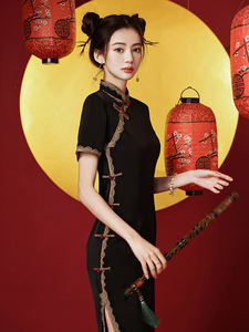 Nuevo verano cheongsam <span class=keywords><strong>ropa</strong></span> <span class=keywords><strong>tradicional</strong></span> <span class=keywords><strong>china</strong></span> Vestido corto de color negro elegante mujeres niñas vestidos negros fábrica para mujeres - Product Image 3