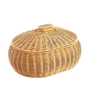Water Fruit Basket Round Snack Basket Vine Weaving With Cover Storage Basket