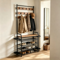 Meuble d'entrée multifonctionnel avec patère, banc à chaussures et étagère de rangement pour chaussures, structure en fer peint par pulvérisation