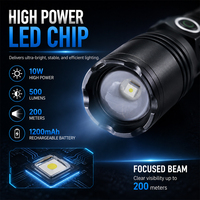 Lampe torche LED zoomable laser blanche 10W 500LM rechargeable USB Type-C en alliage d'aluminium 18650, 5 modes, flash SOS, IP44