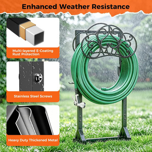 Freestanding <b>garden</b> hose rack with 2 tool <b>hooks</b> for storing 160-foot hoses. Outdoor patio storage rack. - Product Image 4