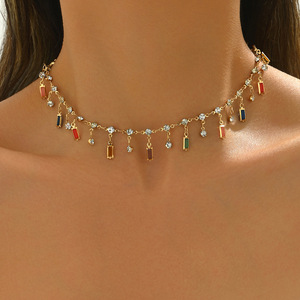 Japanese and Korean retro-style <b>light</b> luxury exquisite <b>rainbow</b> candy-colored square rhinestone pendant necklace, elegant and - Product Image 1