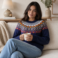 Pull col rond jacquard Fair Isle bleu marine pour femme, motif géométrique, tricoté avec bordure côtelée, OEM/ODM
