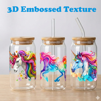 Décalcomanie Magique 3D UV DTF pour Verre Libbey 16oz, Texture Gaufrée Arc-en-ciel Licorne, Lot Mixte, Prêt à Expédier en 48H