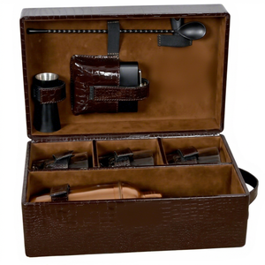 PU Leather Artisanal Bar Set <b>Box</b> Brown color With Handle Handmade Cocktail Carrier Case Portable Packaging for <b>Champagne</b> Whisky - Product Image 1