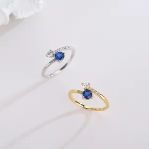 Cincin Perak 925 Batu Zirkon Biru, Perhiasan untuk Wanita Modis