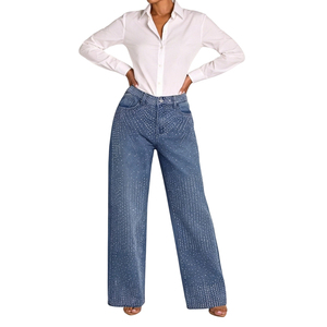 Jeans à jambes larges pour femmes ornés de strass - Pantalons décontractés en denim scintillant, tendance - Product Image 4