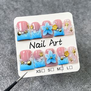 Faux ongles à presser faits main, motif bec de canard, fleurs d'hibiscus 3D, ombré bleu gelée et breloques étoiles de mer argentées, ongles de vacances Y2K, vente en gros - Product Image 4