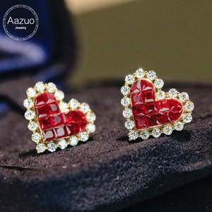 Aazuo Joyería Fina de 18K, Oro Amarillo Sólido, Rubí Natural, Diamante Real, Hermosos Pendientes de Corazón, Regalo para Damas y Niñas, Uso Diario - Product Image 1