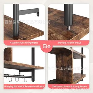 Wooden And Wrought Iron Wall <b>Shelf</b> 3 Tier With <b>Hooks</b> For Kitchen Storage And Display - Product Image 2