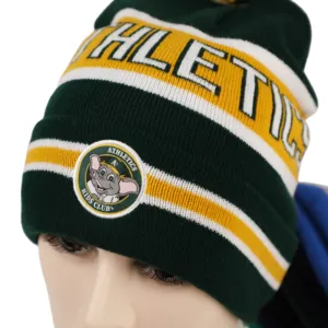 Custom Logo Cuff Beanie Sport Jacquard Knitted Hockey Beanie Hats With Pompoms