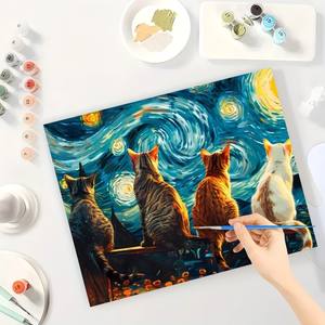 Kit de peinture d'animaux par numéros pour adultes-DIY Chats assis dans une rangée <span class=keywords><strong>sous</strong></span> le <span class=keywords><strong>ciel</strong></span> étoilé 16x20 pouces, Cadeaux d'art sans cadre - Product Image 3