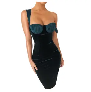 Sexy Girl Fancy Vintage One Piece Bodycon Ladies Short Party Club Fashion Green Velvet Dress Women