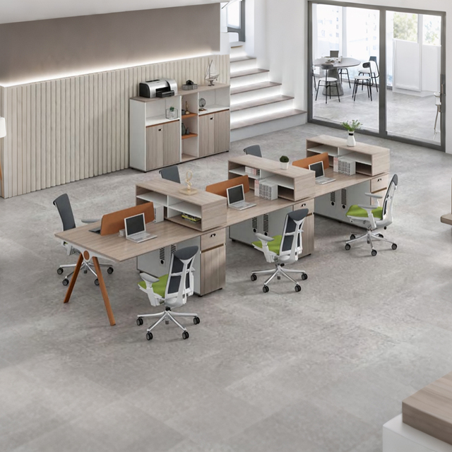 Modern Modular Office Workstation Desk with Privacy Screens Open Storage Shelves and Pedestal Cabinets for Open Plan Office