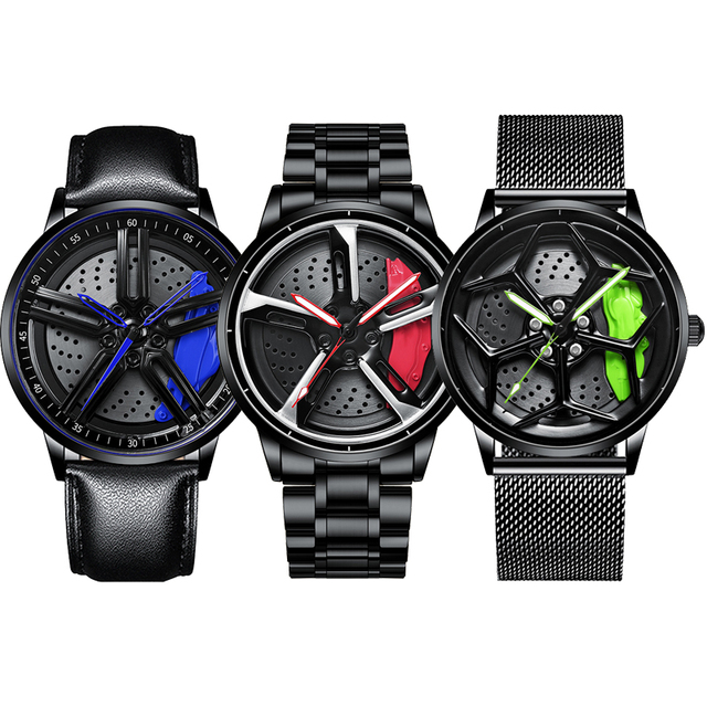 Rotating Spinning Fashion Car Wheel Rim Watch with Alloy Case Stainless Steel Band Crocodile Detail Water Resistant