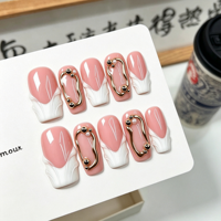 Faux ongles à presser en acrylique français faits main, gaufrés, rose nude, avec cadre métallique et perles, forme carrée moyenne, pour salon de beauté, vente en gros