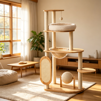 ScratchTower 127cm Arbre à chat moderne en bois d'hévéa, griffoir vertical en sisal, bol-capsule en acrylique transparent, nid en peau de mouton, carton roulant