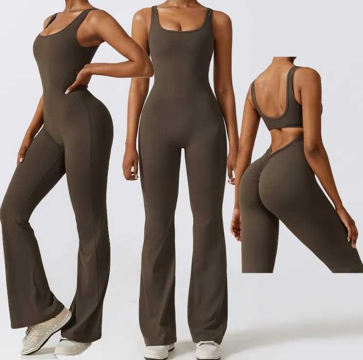 Athleisure Fitness Flared Pants Bodysuit Backless Sexy Jumpsuit Sports Wear One Piece Yoga Jumpsuits For Tall Women