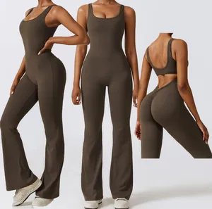 Athleisure Fitness Flared Pants Bodysuit Backless Sexy Jumpsuit Sports Wear 1 Piece Yoga Jumpsuits For Tall Women