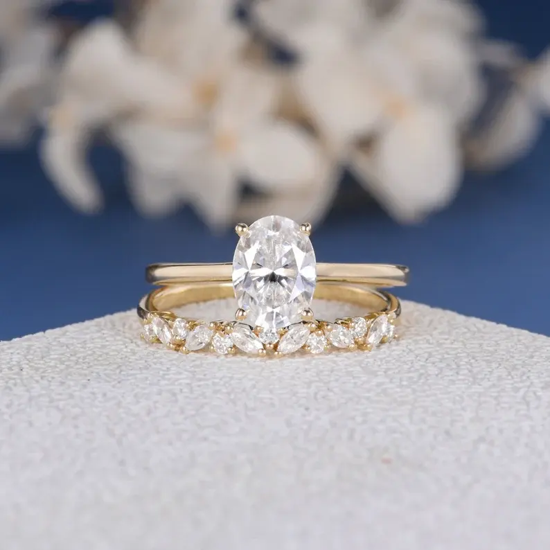 Vintage moissanite bridal set oval 6x8mm engagement ring unique cluster marquise band 18K diamond 1.5ct ring set