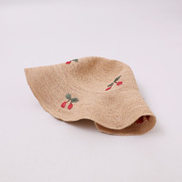 Sombrero de Paja Natural para Mujer, con Bordado de Cerezas, Estilo Crochet, Plegable, Estilo Japonés, para Playa, Verano