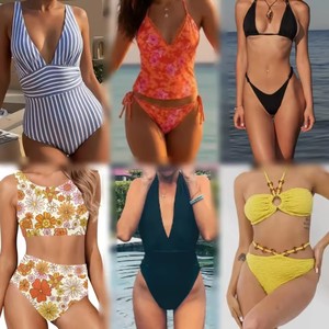 Low Price Women's Two <b>Piece</b> <b>Bikini</b> Set Deep V Neck Floral Print Spandex Polyester Swimwear With Tie Side And Drawstring Detail - Product Image 1