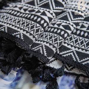 Tenda Alta Personalizzabile BUBABA in Stile Bohémien, Jacquard Geometrico Bianco e Nero con Nappine Nere, Oscurante - Product Image 4