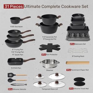 Kikcoin – Ensemble de 31 ustensiles de cuisine antiadhésifs <span class=keywords><strong>en</strong></span> <span class=keywords><strong>aluminium</strong></span> et acier au carbone, avec poêle grill, <span class=keywords><strong>casserole</strong></span>, plaque de cuisson et couvercles <span class=keywords><strong>en</strong></span> verre noir - Product Image 2