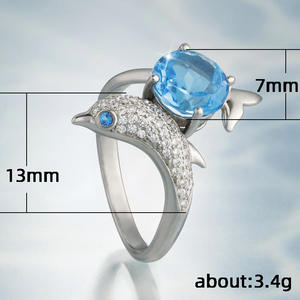 Anello Cocktail F361 a Forma di Delfino per Donna, con Pietra Rotonda in Acquamarina Naturale, Montatura Pavé, Regalo, Anelli alla Moda - Product Image 4