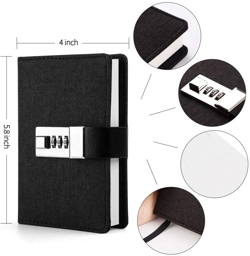 A7 Mini Pocket Notebook Journal Fabric Hard Cover Planner Organizer With Combination Lock Travel Diary