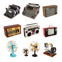 Ensemble d'ornements de décoration de bureau vintage en métal, miniatures rétro : machine à écrire, téléviseur, radio, ventilateur, machine à coudre, style antique
