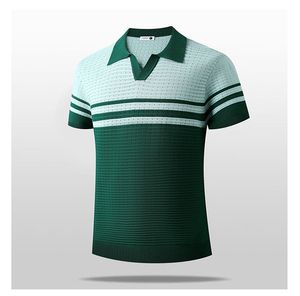 Men's Striped Color Block Knit Polo <strong>Shirt</strong> Short Sleeve V-Neck Breathable Pointelle Casual Summer Top - Product Image 5