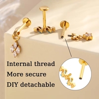 Bijoux de piercing hélix en titane ASTM F136 16G avec pierre multicolore, à filetage interne, dos plat, boucle d'oreille pendante pour cartilage, vente en gros
