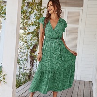 Shygimy — robe une pièce avec ceinture pour femme, tenue Vintage à manches courtes, col en V croisé, en mousseline de soie, imprimé Floral, style Boho décontracté, Maxi, été