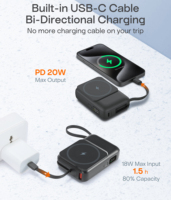 Batterie externe magnétique sans fil 10000 mAh avec câble USB-C intégré, sortie PPS 22W, charge sans fil 15W, port USB-A, affichage numérique