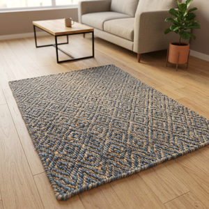 Geometric Flat Weave Jute Area <b>Rug</b> Blue Beige Modern Living Room Rectangle Eco Friendly Spot Clean Low Pile - Product Image 3