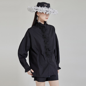 Chemises <span class=keywords><strong>Blouse</strong></span> Femmes Haut De Gamme Industrie Lourde En Trois Dimensions Rose Brodé Col Montant Noir Chemise Bouton Coton Automne - Product Image 5
