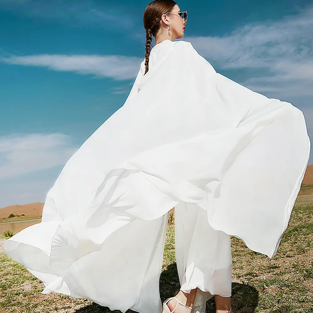 New Style White Middle Eastern Dress with cape women's temperament fan with belt two-piece outside Abaya